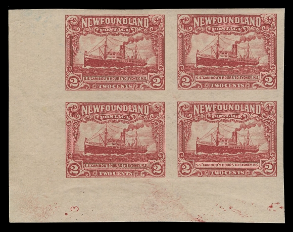 THE AFAB COLLECTION - NEWFOUNDLAND 1897-1947 ISSUES  164a,A lower left imperforate block with plate "3" at foot, natural pink smears in margin, very lightly hinged in the margin only, a rare imperforate plate block, VF