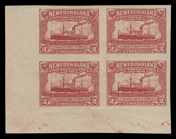 THE AFAB COLLECTION - NEWFOUNDLAND 1897-1947 ISSUES 164a,A lower left imperforate block with plate "3" at foot, natural pink smears in margin, very lightly hinged in the margin only, a rare imperforate plate block, VF
