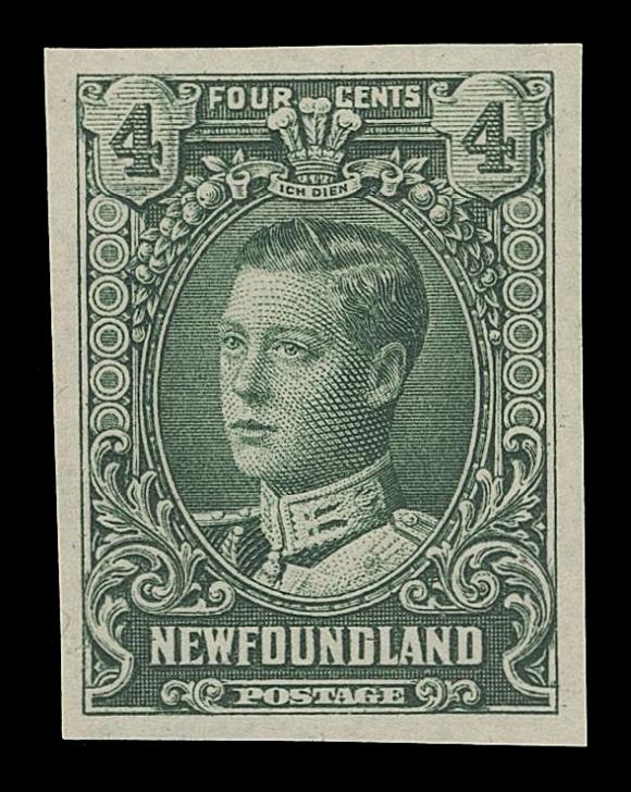 THE AFAB COLLECTION - NEWFOUNDLAND 1897-1947 ISSUES  148,Three trial colour progressive die proofs in orange, dark green  and lilac rose on white wove paper, stamp size (as are all  known), with distinctive lock of hair and ornament at top left of "4" value tablet incomplete, very scarce, VF