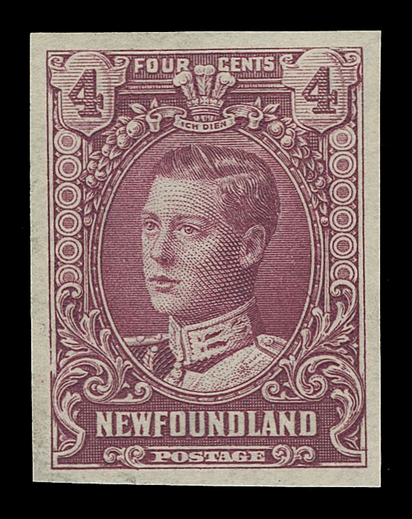 THE AFAB COLLECTION - NEWFOUNDLAND 1897-1947 ISSUES 148,Three trial colour progressive die proofs in orange, dark green and lilac rose on white wove paper, stamp size (as are all known), with distinctive lock of hair and ornament at top left of "4" value tablet incomplete, very scarce, VF