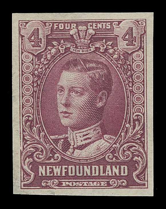 THE AFAB COLLECTION - NEWFOUNDLAND 1897-1947 ISSUES  148,Three trial colour progressive die proofs in orange, dark green  and lilac rose on white wove paper, stamp size (as are all  known), with distinctive lock of hair and ornament at top left of "4" value tablet incomplete, very scarce, VF