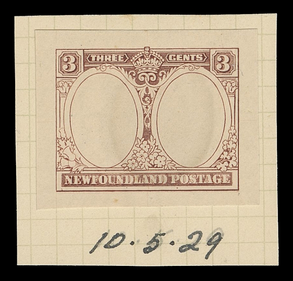 THE AFAB COLLECTION - NEWFOUNDLAND 1897-1947 ISSUES  165,An engraved Progressive Die Proof in light brown on wove paper 24 x 29mm, without portraits, also the lettering and frame are incomplete, affixed on quadrille ledger piece annotated in pen "10.5.29", striking, VF