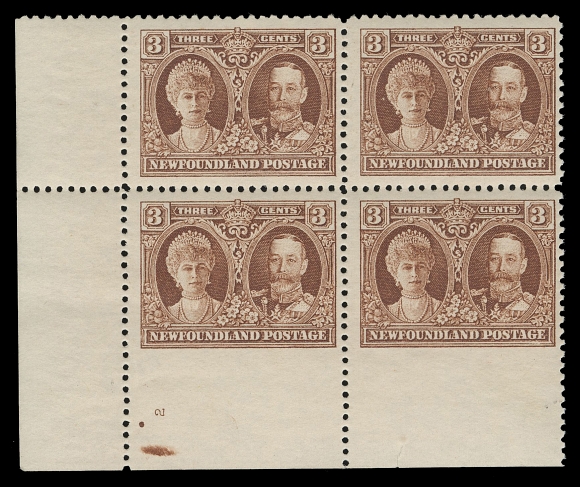 THE AFAB COLLECTION - NEWFOUNDLAND 1897-1947 ISSUES  165i,A bright fresh mint lower left block imperforate horizontally at foot and showing the plate number "2" at lower left, faint hinging on top left stamp only, choice and rare, F-VF