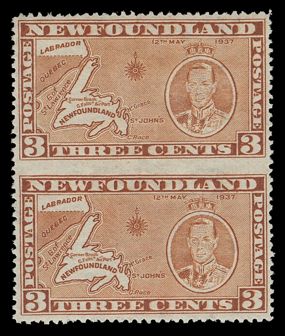 THE AFAB COLLECTION - NEWFOUNDLAND 1897-1947 ISSUES  234c,A nicely centered mint pair imperforate horizontally between,  with rich colour, faint hinging at top, very scarce and choice, VF LH; 2011 Murray Payne KGVI Expertizing cert.