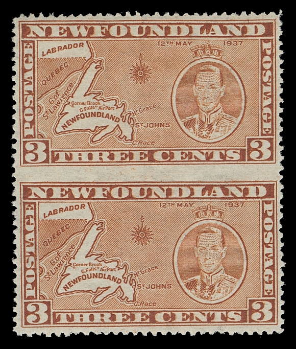 THE AFAB COLLECTION - NEWFOUNDLAND 1897-1947 ISSUES 234c,A nicely centered mint pair imperforate horizontally between, with rich colour, faint hinging at top, very scarce and choice, VF LH; 2011 Murray Payne KGVI Expertizing cert.