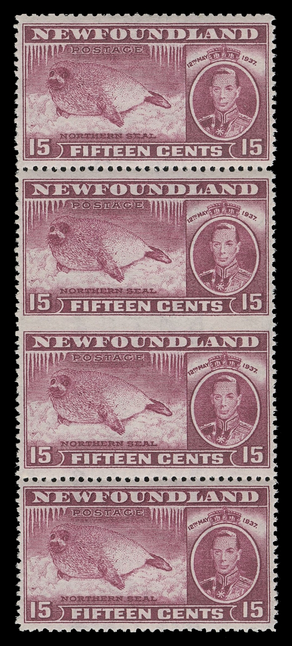 THE AFAB COLLECTION - NEWFOUNDLAND 1897-1947 ISSUES  239,An unusually well centered, post office fresh mint vertical strip of four, imperforate horizontally between centre pair, full pristine original gum, never hinged. As nice as they come for this difficult and elusive perforation variety, XF NH (Unitrade 239a)