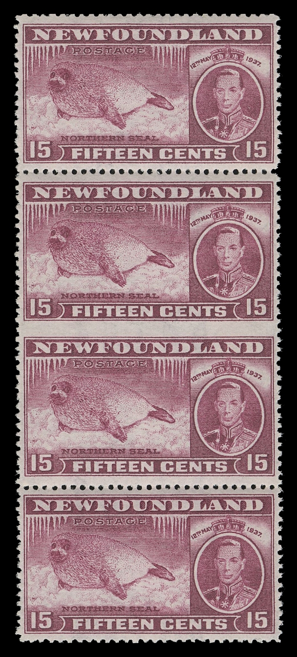 THE AFAB COLLECTION - NEWFOUNDLAND 1897-1947 ISSUES 239,An unusually well centered, post office fresh mint vertical strip of four, imperforate horizontally between centre pair, full pristine original gum, never hinged. As nice as they come for this difficult and elusive perforation variety, XF NH (Unitrade 239a)