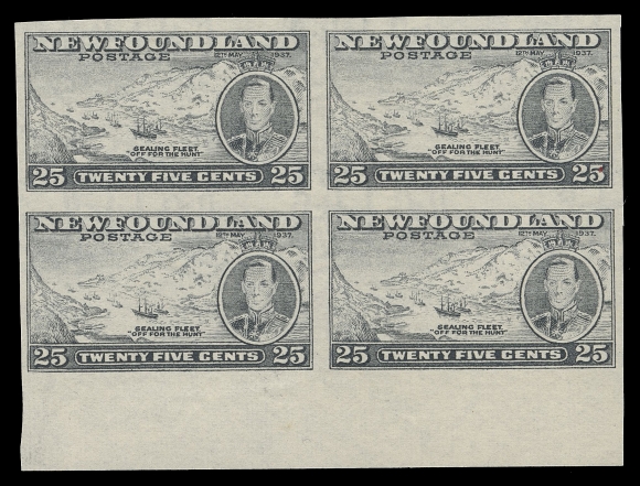 THE AFAB COLLECTION - NEWFOUNDLAND 1897-1947 ISSUES  242a, i,A bright, fresh imperforate block with sheet margin at foot, shows the listed Re-entry (Position 97) on lower left stamp with doubling of upper & lower left corner frames and left "2" of "25", ungummed as issued, VF (Cat. as two normal pairs)
