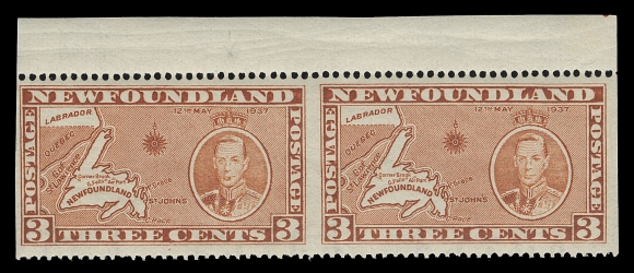 THE AFAB COLLECTION - NEWFOUNDLAND 1897-1947 ISSUES  234i, ii,A post office fresh mint horizontal pair with sheet margin at top, imperforate vertically and showing the sought-after "CIGAR STUB" plate variety (Position 9) on left stamp,  full pristine original gum. Two others exist. A fabulous KGVI era rarity, VF NH; ex. Graham Cooper KGVI Collection (December 2016; Lot 722)