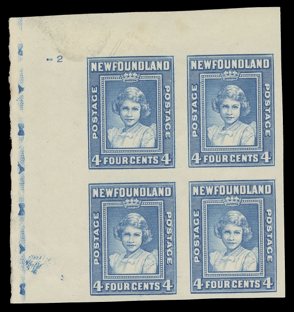THE AFAB COLLECTION - NEWFOUNDLAND 1897-1947 ISSUES  247,An upper left plate proof block of four in the issued colour on thick unwatermarked paper, with plate "2" number and lathework at left, an appealing and no doubt very scarce positional block, VF