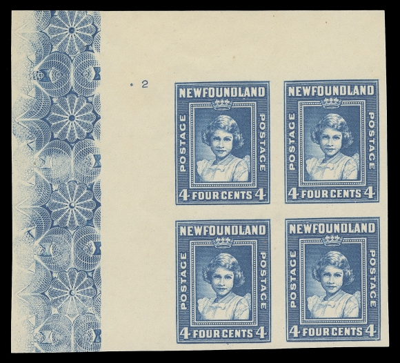 THE AFAB COLLECTION - NEWFOUNDLAND 1897-1947 ISSUES  247,A superb upper left plate proof block in a distinctive deep shade of blue, displaying the plate "2" number and remarkably wide lathework at left, on thick unwatermarked paper. A beautiful block that stands out, XF