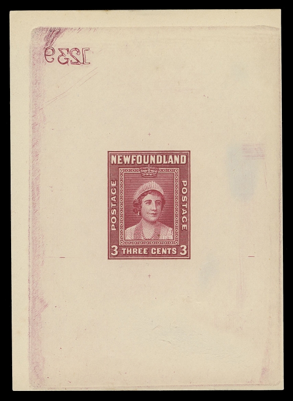THE AFAB COLLECTION - NEWFOUNDLAND 1897-1947 ISSUES  246,Large Die Proof printed in deep carmine and die sunk on white wove unwatermarked paper 68 x 95mm, shows full die sinkage; the final die with tiny etched engraver