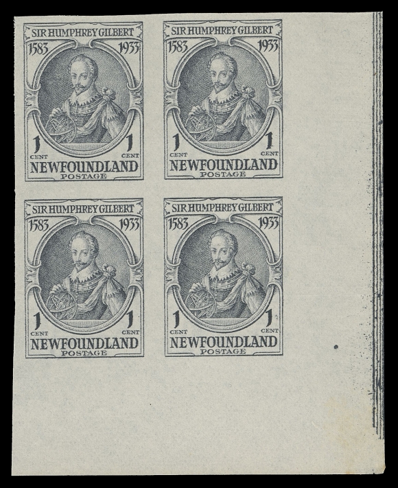THE AFAB COLLECTION - NEWFOUNDLAND 1897-1947 ISSUES  212a, 212i,Lower right corner imperforate block with positional guide dot and vertical lines at right, ungummed as issued; and nicely centered top sheet margin mint block showing full reverse offset on gum side, F-VF NH
