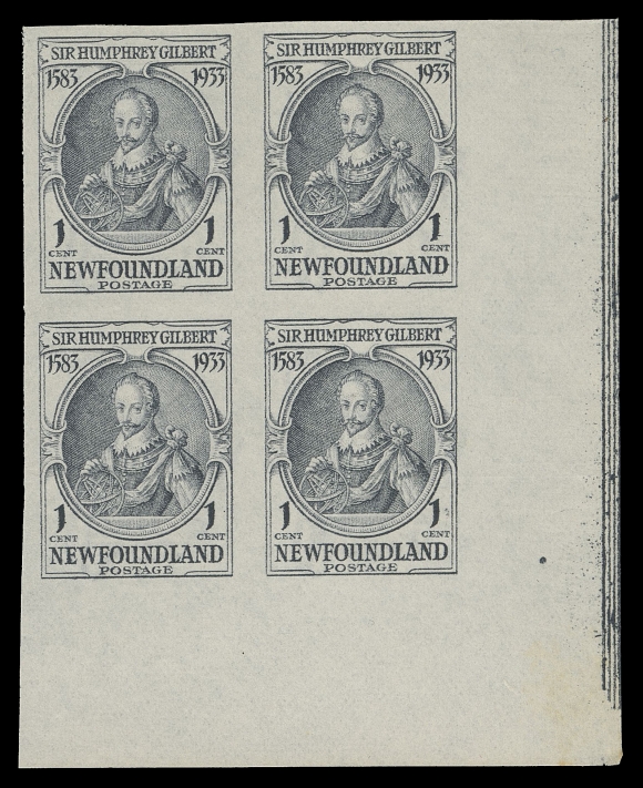 THE AFAB COLLECTION - NEWFOUNDLAND 1897-1947 ISSUES 212a, 212i,Lower right corner imperforate block with positional guide dot and vertical lines at right, ungummed as issued; and nicely centered top sheet margin mint block showing full reverse offset on gum side, F-VF NH