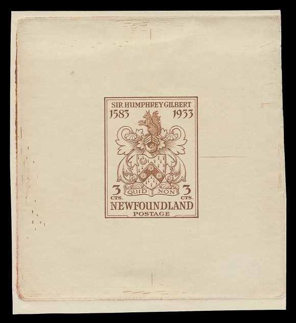 THE AFAB COLLECTION - NEWFOUNDLAND 1897-1947 ISSUES  214,Engraved Die Proof printed in yellow brown, colour of issue, die sunk on white wove unwatermarked paper 60 x 66mm, near complete die sinkage; the final die with engraver