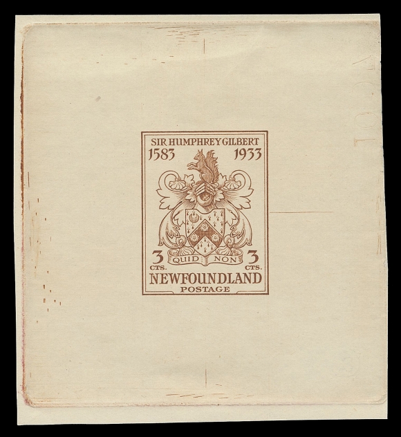 THE AFAB COLLECTION - NEWFOUNDLAND 1897-1947 ISSUES 214,Engraved Die Proof printed in yellow brown, colour of issue, die sunk on white wove unwatermarked paper 60 x 66mm, near complete die sinkage; the final die with engraver