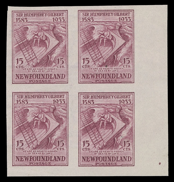 THE AFAB COLLECTION - NEWFOUNDLAND 1897-1947 ISSUES  222a, 222 proof,Lower right corner imperforate block of four on white wove watermarked paper, light horizontal creases, ungummed as issued; also a Plate Proof pair in claret, colour of issue, on thick yellowish wove unwatermarked paper, ample margins and very unusual (unlisted in Minuse & Pratt handbook, Glen Lundeen BNA proofs website and Walsh catalogue), VF