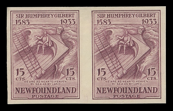 THE AFAB COLLECTION - NEWFOUNDLAND 1897-1947 ISSUES  222a, 222 proof,Lower right corner imperforate block of four on white wove watermarked paper, light horizontal creases, ungummed as issued; also a Plate Proof pair in claret, colour of issue, on thick yellowish wove unwatermarked paper, ample margins and very unusual (unlisted in Minuse & Pratt handbook, Glen Lundeen BNA proofs website and Walsh catalogue), VF