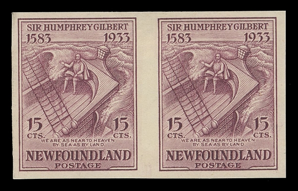 THE AFAB COLLECTION - NEWFOUNDLAND 1897-1947 ISSUES 222a, 222 proof,Lower right corner imperforate block of four on white wove watermarked paper, light horizontal creases, ungummed as issued; also a Plate Proof pair in claret, colour of issue, on thick yellowish wove unwatermarked paper, ample margins and very unusual (unlisted in Minuse & Pratt handbook, Glen Lundeen BNA proofs website and Walsh catalogue), VF