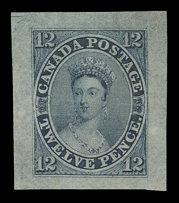 THE AFAB COLLECTION - CANADA  3TC,Trial Colour Die Proof originating from the composite die in blue black on greyish very thin bond paper (0.0025" thick) with distinctive, characteristic "scar" at "CE" of PENCE. A visually striking coloured proof of which very few exist in this colour, very desirable and perfect for an advanced collection, VFExpertization: 2022 Greene Foundation certificateProvenance: Sir Gawaine Baillie, Sale VII - British North America, Sotheby