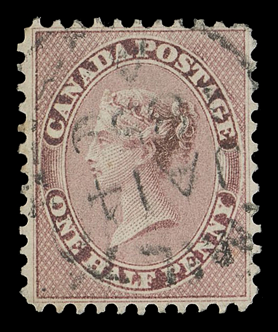 THE AFAB COLLECTION - CANADA  11,An exceptionally well centered example of this very difficult stamp, rich colour on bright fresh paper, perforations clear of design nearly all around, tiny corner crease at bottom right, centrally struck Hamilton JA 14 1859 double arc datestamp, a desirable feature seldom seen on this stamp with XF centering; 2022 Greene Foundation cert.