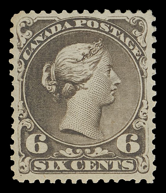 THE AFAB COLLECTION - CANADA  27,An unusually choice mint example displaying superior centering to what we are accustomed to seeing on the Six cent, large part original gum, faint disturbance. One of the most challenging denominations of the series. Rich colour and large margins, VF OG; 2022 Greene Foundation cert.