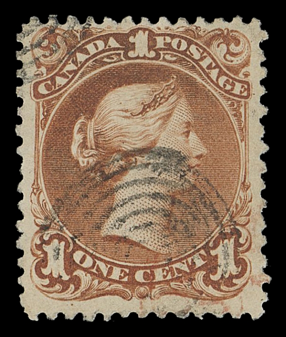 THE AFAB COLLECTION - CANADA  31,A very attractive example of this sought-after stamp, displaying characteristic deeper colour on thicker fibrous paper, nearly flawless with "two very minute thin spots" mentioned on the certificate which frankly are invisible to the naked eye (even under magnifying glass), ideal concentric rings cancellation, quite well centered and much nicer than most that we have handled, F-VF; 2022 Greene Foundation cert.