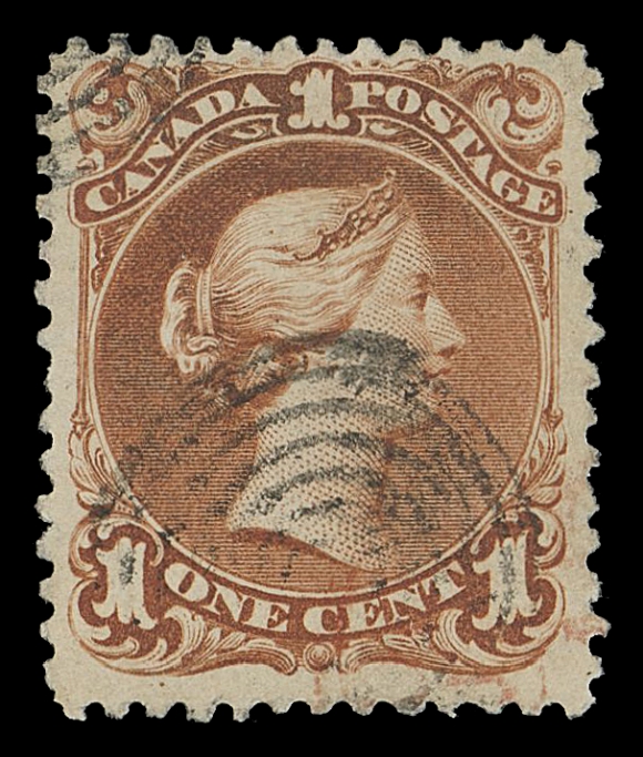 THE AFAB COLLECTION - CANADA 31,A very attractive example of this sought-after stamp, displaying characteristic deeper colour on thicker fibrous paper, nearly flawless with "two very minute thin spots" mentioned on the certificate which frankly are invisible to the naked eye (even under magnifying glass), ideal concentric rings cancellation, quite well centered and much nicer than most that we have handled, F-VF; 2022 Greene Foundation cert.