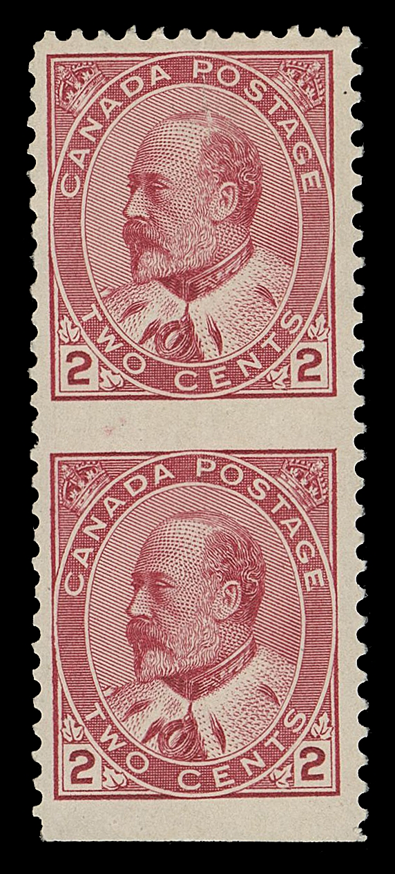 THE AFAB COLLECTION - CANADA  90f,A remarkable mint vertical pair, imperforate horizontally between stamps and at foot - believed to one of only four known; tiny surface scape on top stamp, full original gum, lightly hinged. A rarity of the KEVII definitive series, Fine LH; 2022 Greene Foundation cert. (Cat. as fine)