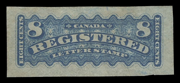 THE AFAB COLLECTION - CANADA  F3,An exceedingly rare engraved Die Proof printed in blue on distinctive thin hard bond paper with horizontal mesh (0.003" thick), ample large margins all around. We know of only one other die proof of the Eight cent RLS in the issued colour, part of the famous Simpson, Lussey unique set. A glorious showpiece of the Registered Letter Stamps, VF; 2022 Greene Foundation cert.