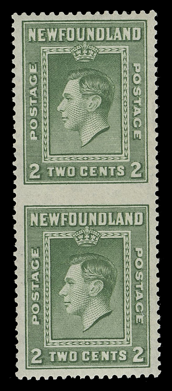 THE AFAB COLLECTION - NEWFOUNDLAND 1897-1947 ISSUES  245 variety,A well centered mint vertical pair, imperforate horizontally between in error - very rare and most striking, VF LH; 2022 Greene Foundation cert.This perforation error pair is currently unlisted in Unitrade. Only the 7c is listed and priced. Walsh lists the 2c (#228d), 3c & 7c.