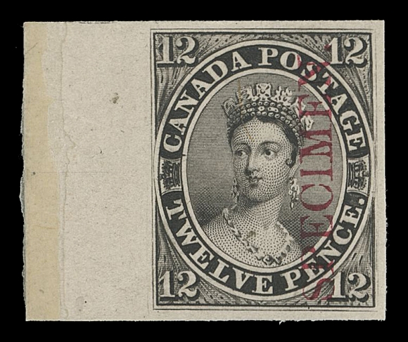 THE AFAB COLLECTION - CANADA  3Pi,Plate proof single with vertical SPECIMEN overprint in carmine on card mounted india paper, sheet margin at left and full even margins on other sides, VF+