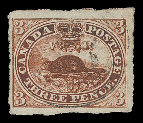 THE AFAB COLLECTION - CANADA  4i + variety,A lightly cancelled example with deep rich colour, showing irregularly separated margins, the result of (according to enclosed photo-opinion signed by Fred Jarrett: "In my opinion this is an example of the trial perforation as mentioned in the report of the P.M.G."), used light indistinct four-ring numeral cancel. An interesting stamp, VF