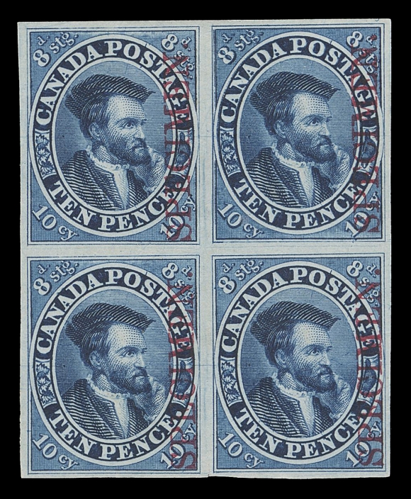 THE AFAB COLLECTION - CANADA  7Pi, v,Plate proof block of four on india paper with vertical SPECIMEN  in carmine, shows a Strong Re-entry (Position 90) on upper right  proof with very prominent doubling in left inner frameline and in oval next to and in "CANADA", VF