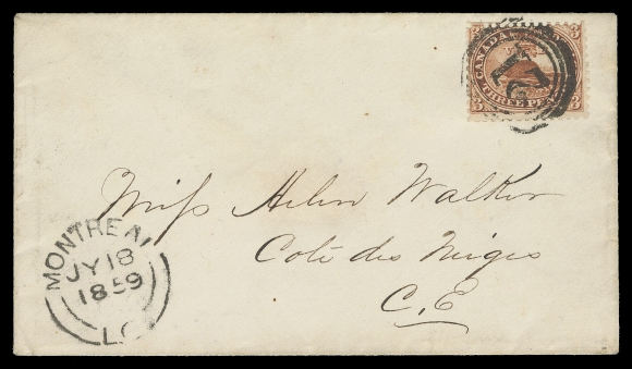 THE AFAB COLLECTION - CANADA  1859 (July 18) Clean envelope from Montreal to Cote des Neiges bearing a 3p brown red, perf 11¾, intact perforations all around and tied by superb, four-ring 
