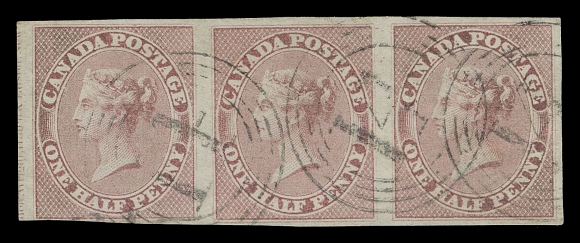 THE AFAB COLLECTION - CANADA  8, variety,A visually striking strip of three showing large portion of (Raw)don, Wright, Hatch & Edson New (York) imprint at left, mostly margins all around except for bottom left, light diagonal crease on right pair, nevertheless with beautifully struck and unusually clear four-ring 