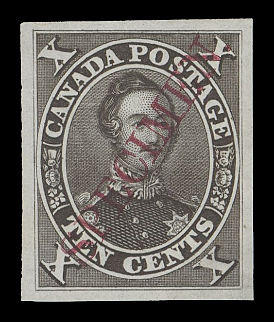 THE AFAB COLLECTION - CANADA  16Pii,Plate proof single in black brown on india paper, diagonal SPECIMEN overprint in carmine, large margined and choice; VF