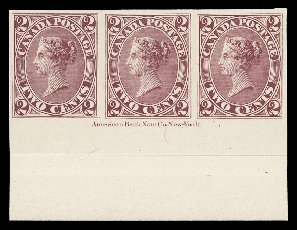 THE AFAB COLLECTION - CANADA  20TC, v, vi,Top and bottom margin plate proof strips of three on card mounted india paper, full plate imprint on each, former shows dash in lower right "2" variety on all three positions and latter clearly showing the elusive scratch on Queen
