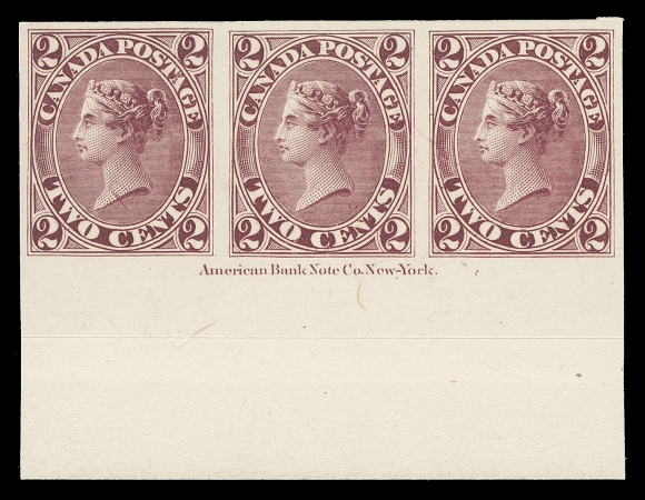 THE AFAB COLLECTION - CANADA 20TC, v, vi,Top and bottom margin plate proof strips of three on card mounted india paper, full plate imprint on each, former shows dash in lower right "2" variety on all three positions and latter clearly showing the elusive scratch on Queen