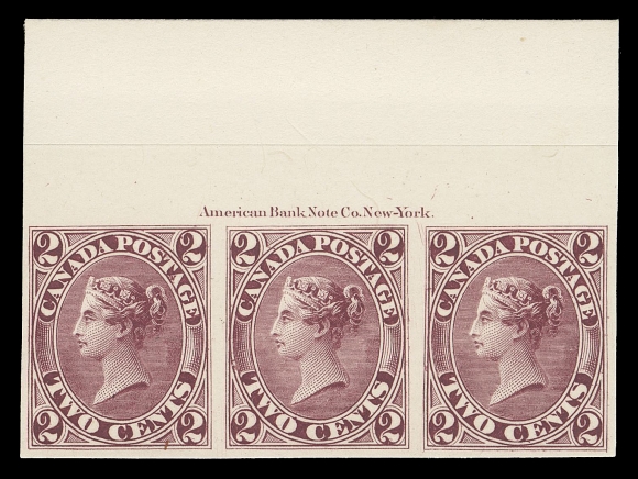THE AFAB COLLECTION - CANADA  20TC, v, vi,Top and bottom margin plate proof strips of three on card mounted india paper, full plate imprint on each, former shows dash in lower right "2" variety on all three positions and latter clearly showing the elusive scratch on Queen