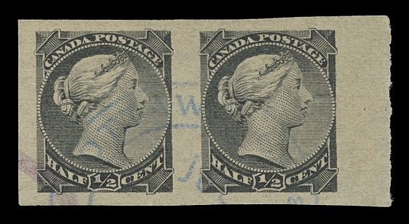 THE AFAB COLLECTION - CANADA  34a,A large margined used imperforate pair showing large portion of double ring Ottawa datestamp in blue, most unusual, VF; 2009 Greene Foundation cert.