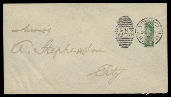 THE AFAB COLLECTION - CANADA  1885 (November 30) Clean cover franked with a vertically bisected 2c green, Montreal printing perf 12, nicely tied by Halifax duplex; pays one cent local drop letter rate. An elusive bisect usage, unauthorized but tolerated by the post office, VF (Unitrade 36c; cat. $3,000)Expertization: 1980 PF certificate: "it is a genuine philatelic usage".Provenance: Henry Schneider, Siegel, October 1996; Lot 135