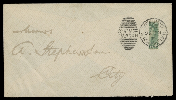 THE AFAB COLLECTION - CANADA 1885 (November 30) Clean cover franked with a vertically bisected 2c green, Montreal printing perf 12, nicely tied by Halifax duplex; pays one cent local drop letter rate. An elusive bisect usage, unauthorized but tolerated by the post office, VF (Unitrade 36c; cat. $3,000)
Expertization: 1980 PF certificate: "it is a genuine philatelic usage".
Provenance: Henry Schneider, Siegel, October 1996; Lot 135