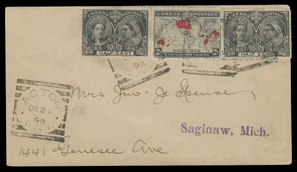 THE AFAB COLLECTION - CANADA  1898 (December 24) Cover to Saginaw, Michigan bearing two ½c Jubilee and a 2c Map, right stamp with perf flaws due to placement, cover tear at lower left; tied by Acton DE 24 98 squared circles, a fourth clearer strike at lower left. An unusual franking paying the 3c letter rate to USA on Christmas Eve, Fine (Unitrade 50, 85) ex. Nels Pelletier (May 1982; Lot 561), Jim Hennok (December 2005; Lot 2063)