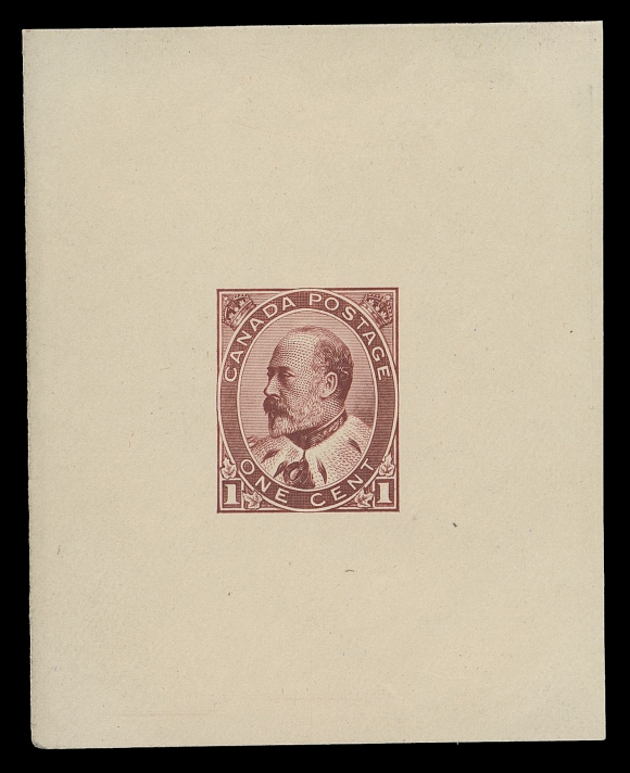 THE AFAB COLLECTION - CANADA  89,Prepared by Perkins Bacon Company, London, engraved by American Bank Note Company; a Large Die Essay in deep red on thick white wove paper (0.005" thick), showing colourless numerals in lower corners. A rare and desirable King Edward VII die essay, VF