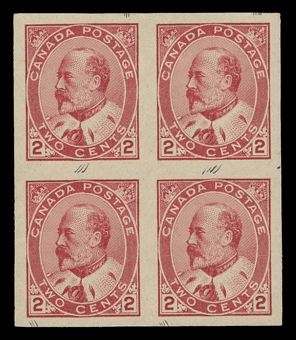 THE AFAB COLLECTION - CANADA  90c,A scarce imperforate block in the distinctive deeper shade, ungummed as issued, VF; customary small ink marks between stamps (allegedly done by Fred Jarrett on many of the Type I imperforates from Plate 1). 