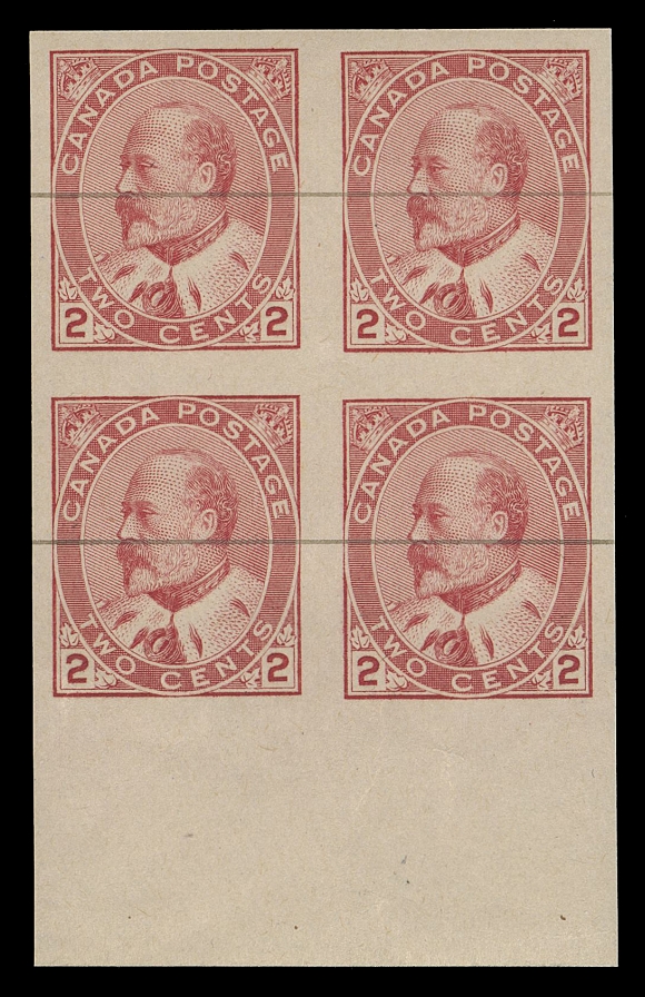 THE AFAB COLLECTION - CANADA  90iv, v,The set of three mint blocks of four with matching sheet margin at foot: bright shade (Plate 31) with black line; deeper carmine shade (Plate 32) with black line; and (Plate 43) with red line. Slight wrinkles or bends on two but nevertheless in well-above average condition for these elusive imperforates, VF NH
