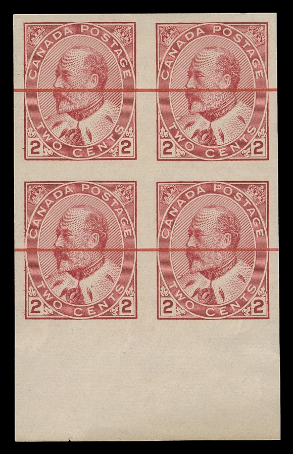 THE AFAB COLLECTION - CANADA  90iv, v,The set of three mint blocks of four with matching sheet margin at foot: bright shade (Plate 31) with black line; deeper carmine shade (Plate 32) with black line; and (Plate 43) with red line. Slight wrinkles or bends on two but nevertheless in well-above average condition for these elusive imperforates, VF NH