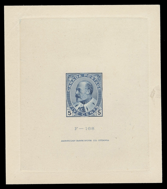 THE AFAB COLLECTION - CANADA  91,An engraved Large Die Proof printed in the issued colour, on india paper 62 x 74mm, die sunk on larger card 76 x 86mm; die "F-168" number and American Bank Note Co. Ottawa imprint below design. Corner crease at top left and small mounting mark at right, inconsequential and outside the die sinkage area. A very rare KEVII die proof, VF