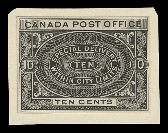 THE AFAB COLLECTION - CANADA  E1,Trial Colour Die Proof printed in black, stamp size on card, affixed to slightly larger archival piece, VF and very rare